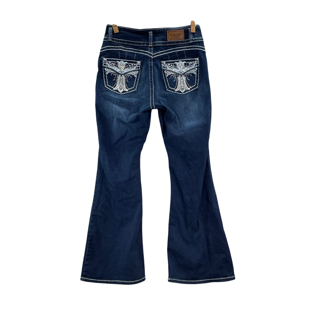 Y Jeans Flare Leg Jeans Women 9/10 Blue Dark Wash Contrast Stitch Rhinestone Y2K